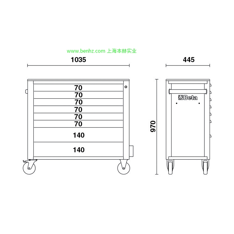 意大利Beta 百塔工具 RSC24AXL/8  8抽屉超大工具车, 带SAFETY－SYSTEM 橙色 灰色 红色 RSC24AXL/9 9抽屉超大工具车 RSC24L/7  7抽屉和侧工作面工具车